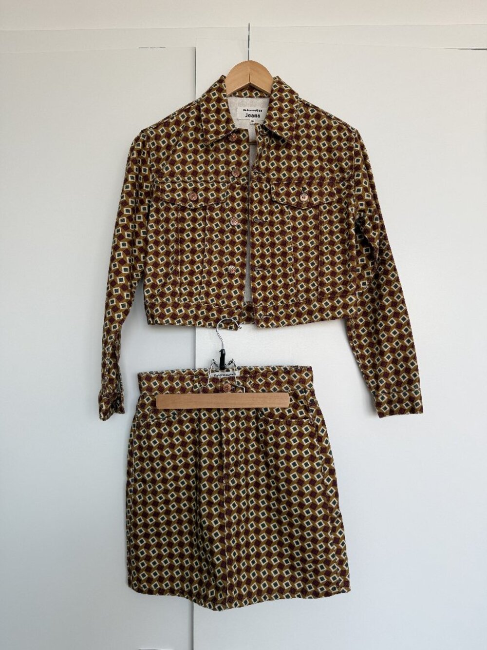 Reformation Jeans Cora Shrunken Denim Jacket Geo Print Brown Size XS